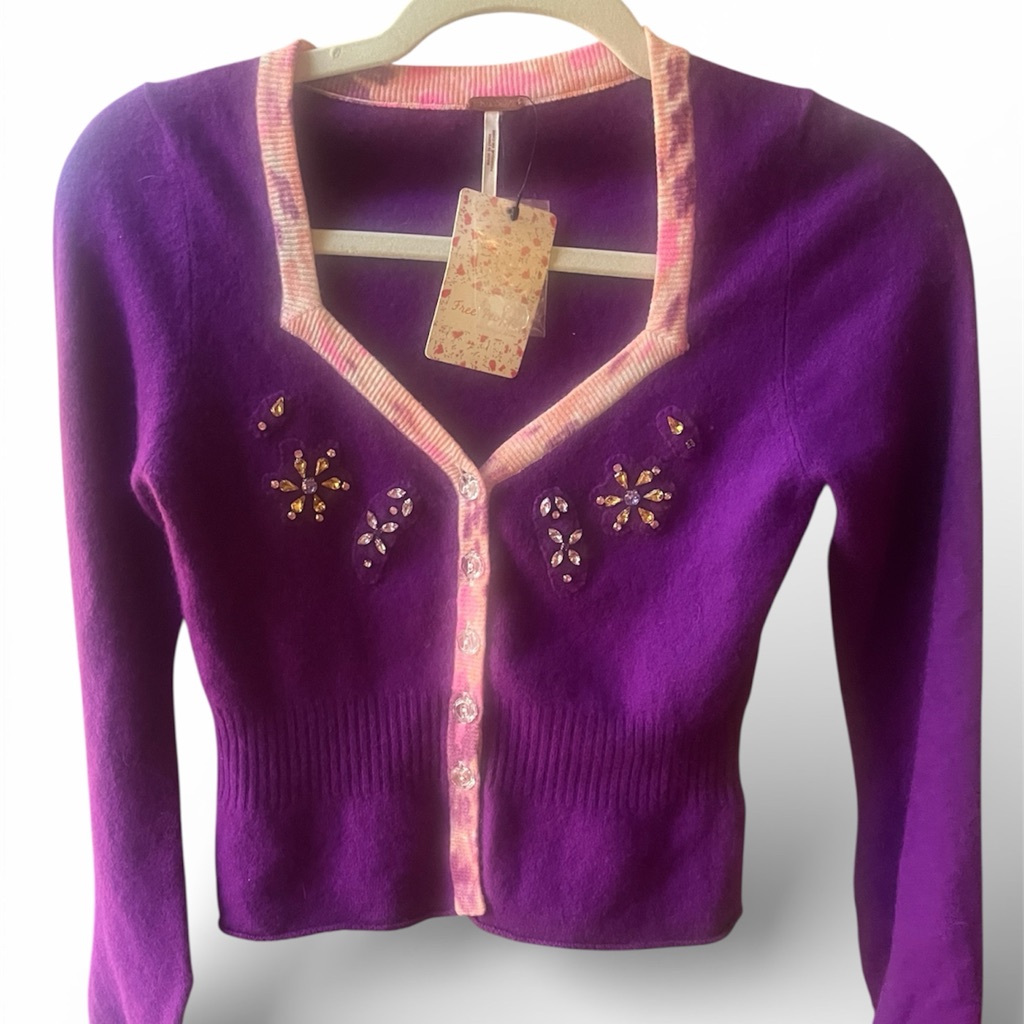 Free People Purple Embellished V-Neck Cardigan With Pink Trim